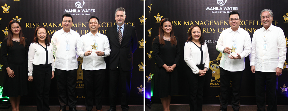 Laguna Water wins big at the Gawad Iwas-Lunas: Risk Management Excellence Awards 2016. Photo on left: Laguna Water General Manager Melvin John M. Tan accepts the Best Risk Management Culture Award 2016. Photo on right: Laguna Water Finance and concurrent Regulatory & External Affairs Head Mark Mesina receives the Risk Advocate of the Year award.